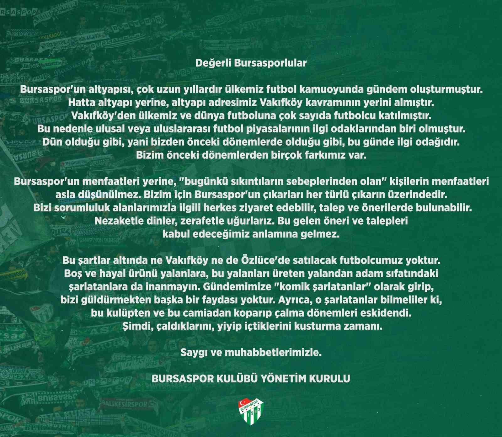 Bursaspor Kulübü: “Satılacak futbolcumuz yok”