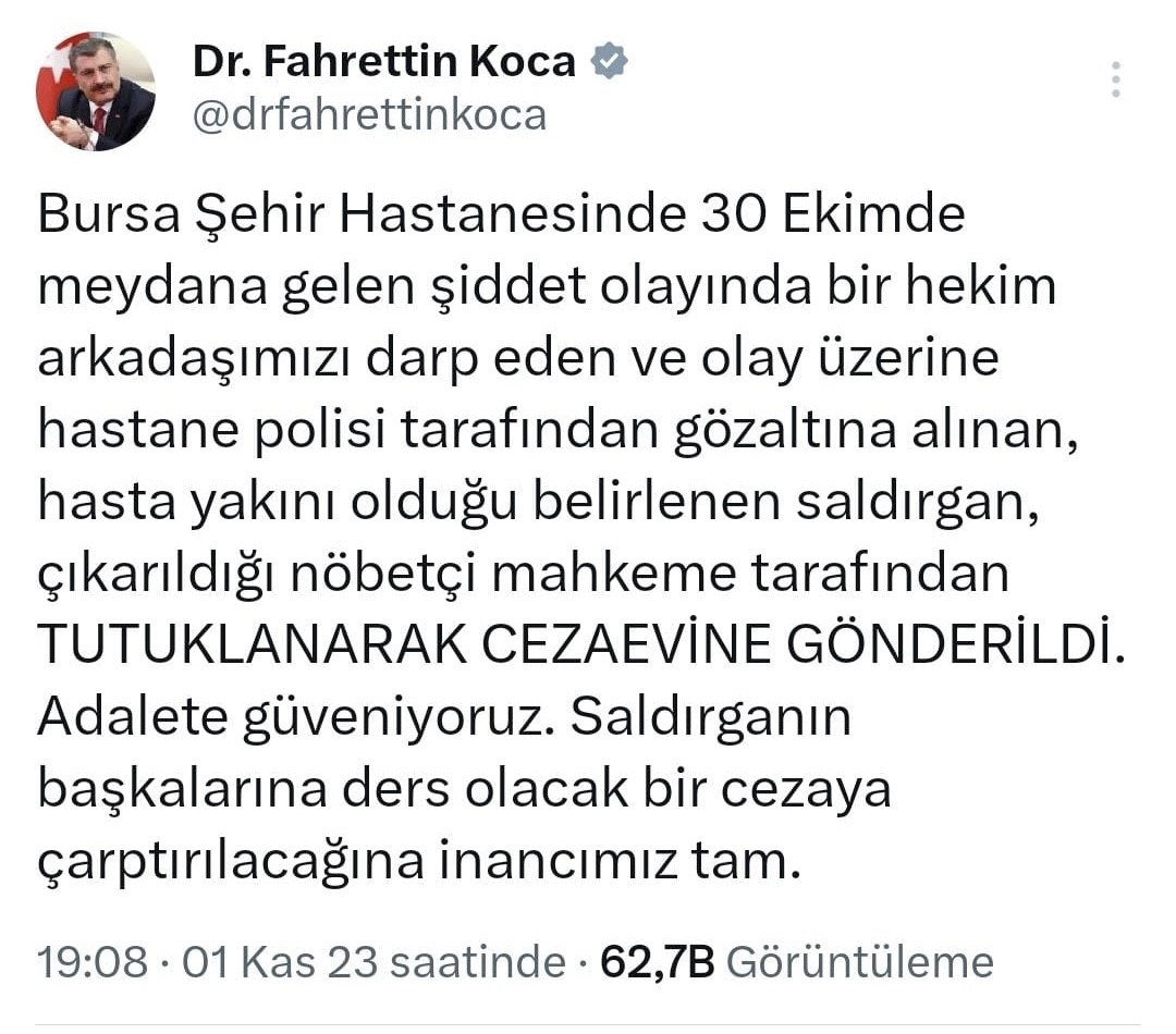 Sağlık Bakanı Koca: “Bursa’da hekimi darbeden kişi tutuklandı”