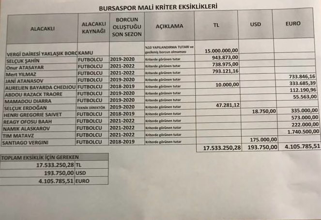 BURSASPOR KULÜBÜ, MALİ KRİTER