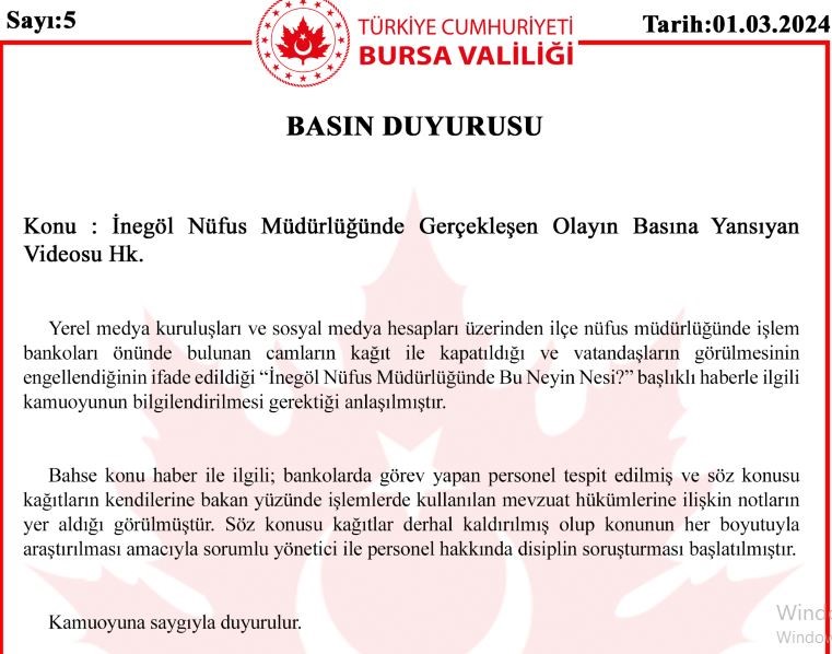 İnegöl Nüfus Müdürlüğü’nde çekilen videoya ilişkin valilikten açıklama